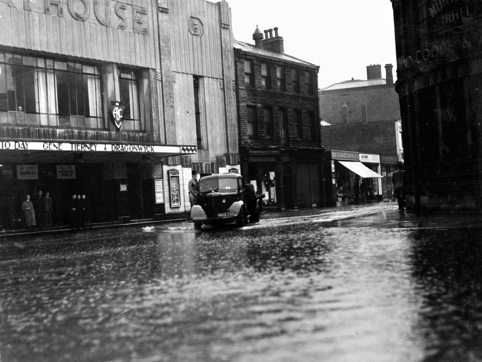 Flooded roads outside the Playhouse cinema, Dewsbury.