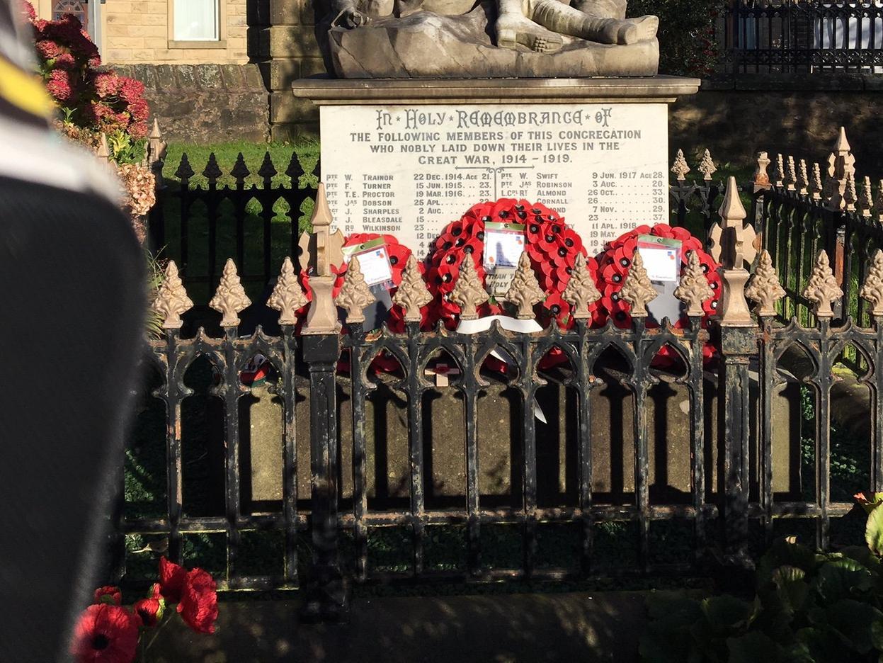 Wreaths at the war memorial at St Wilfrid's RC church