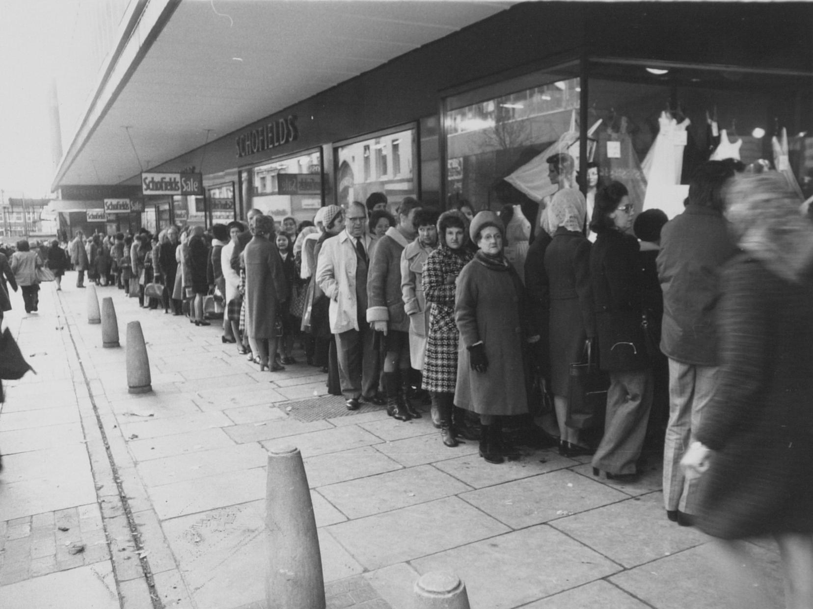 Part of a long queue for the January sales at Schofields in the mid-1970s.