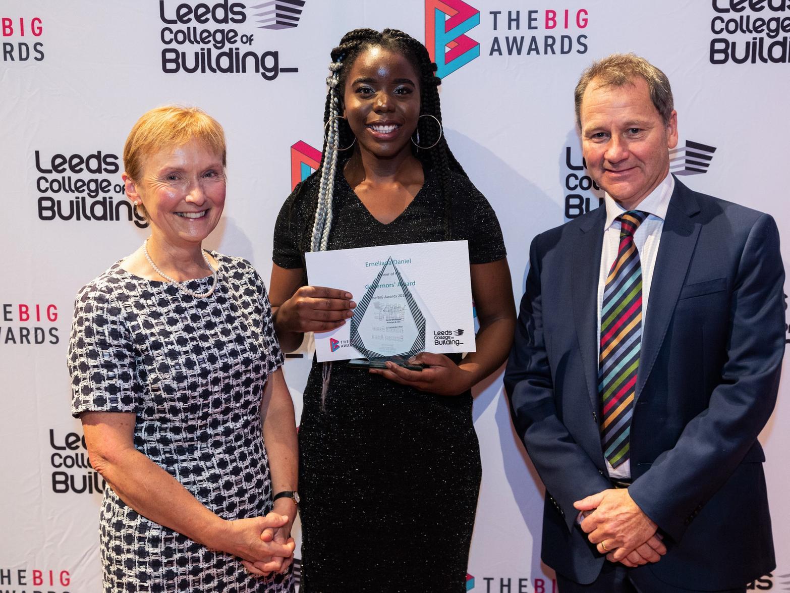Julia Evans (Chair, Board of Governors), Erneliana Daniel (student and Governors award-winner), and Derek Whitehead (Principal) at the recent Leeds College of Building annual BIG Awards.