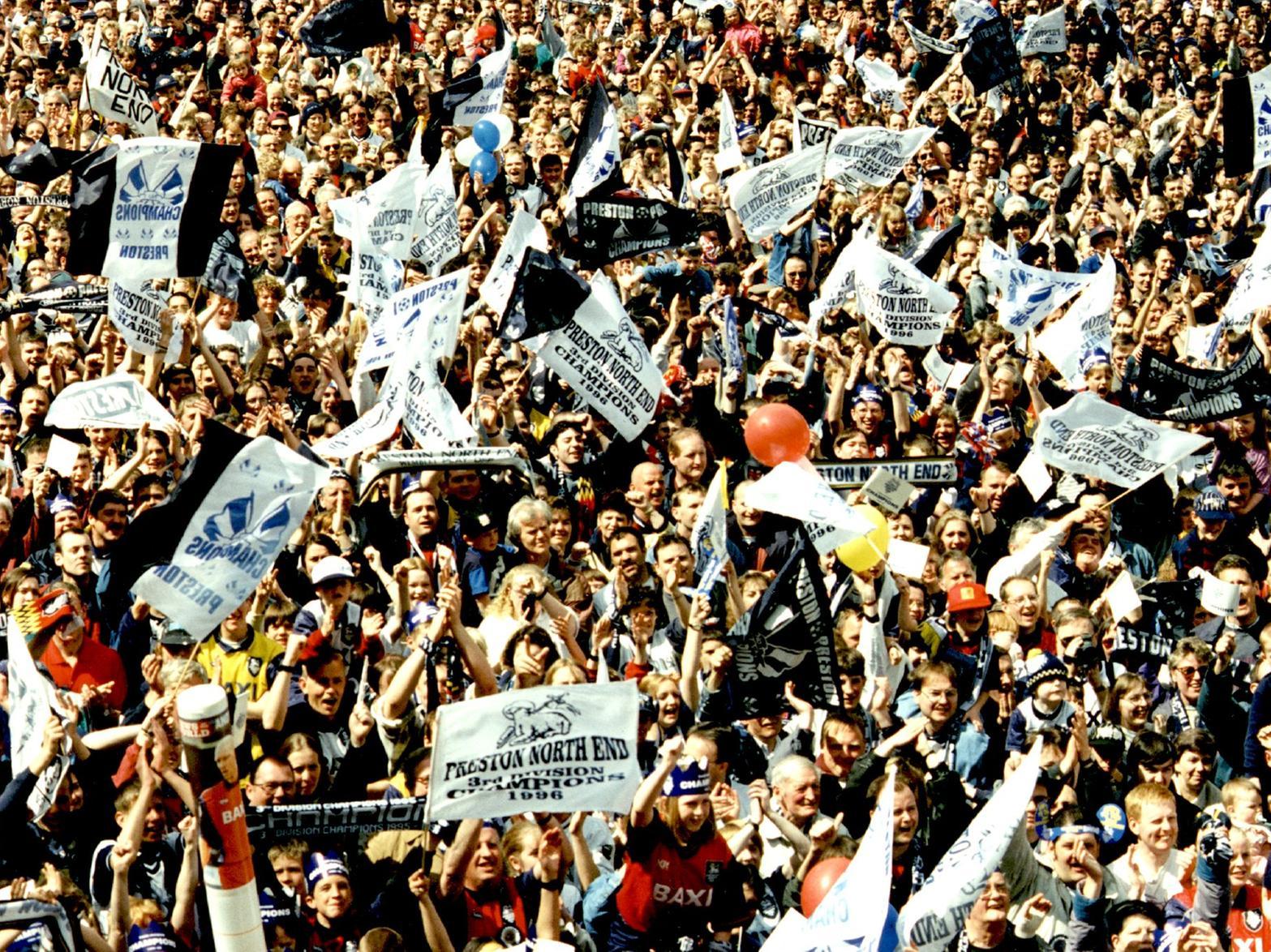 Preston supporters on the flag market to celebrate winning the Third Division title in 1996
