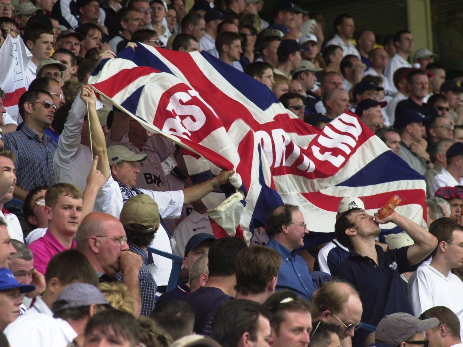 Preston supporters with a Union Jack flag in the away end at Birmingham for the 2001 play-off semi-final first leg