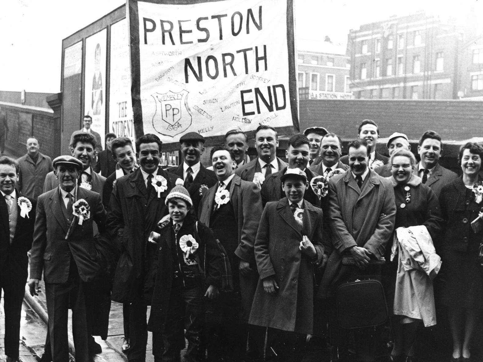 Preston fans outside Preston Station ahead of their journey to Wembley for the 1964 FA Cup final