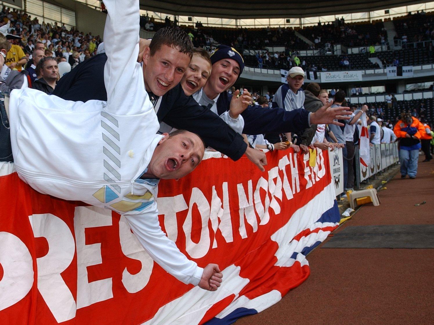 These PNE fans show their support at Pride Park ahead of North End's play-off clash against Derby in 2005