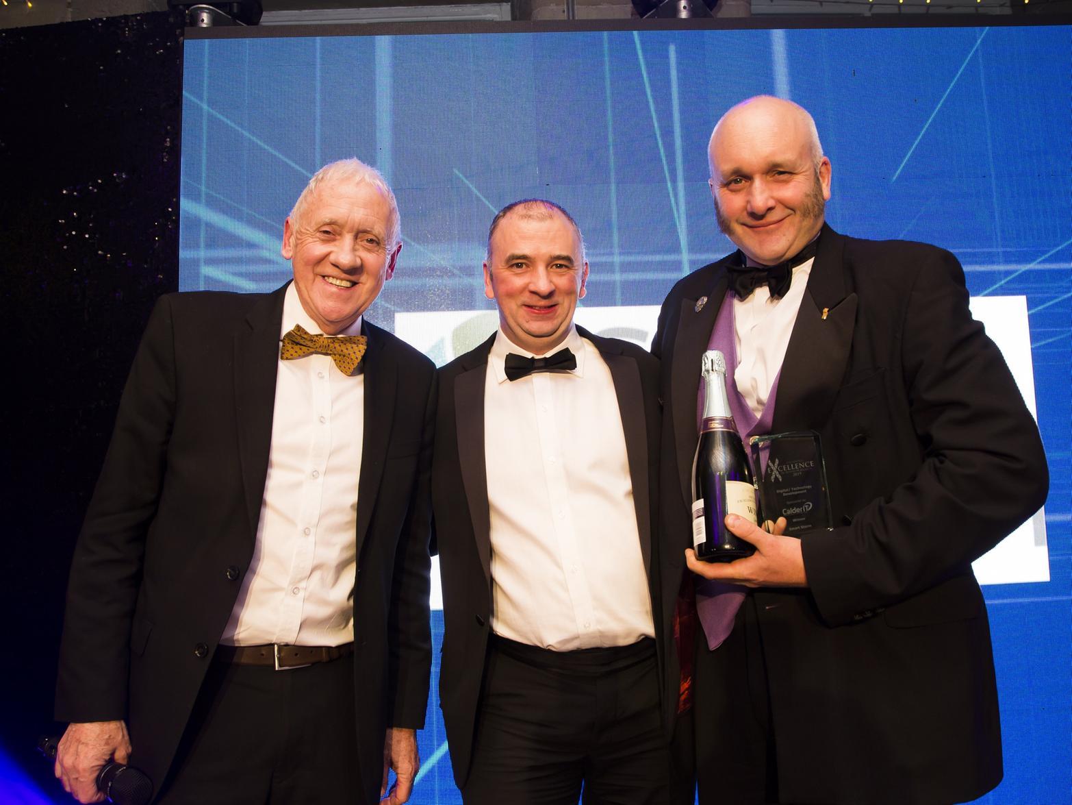 Host Harry Gration, left, with sponsor James Bulley from Calder IT and Laurence Dowson from Smart Storm, winner of the Digital Technology Development Award.