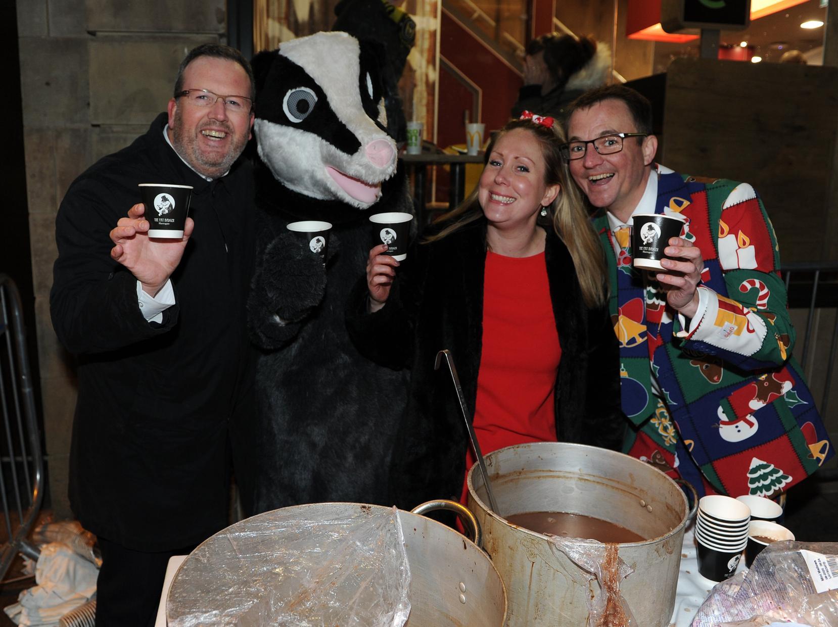 The Fat Badger team serve up free hot chocolate.