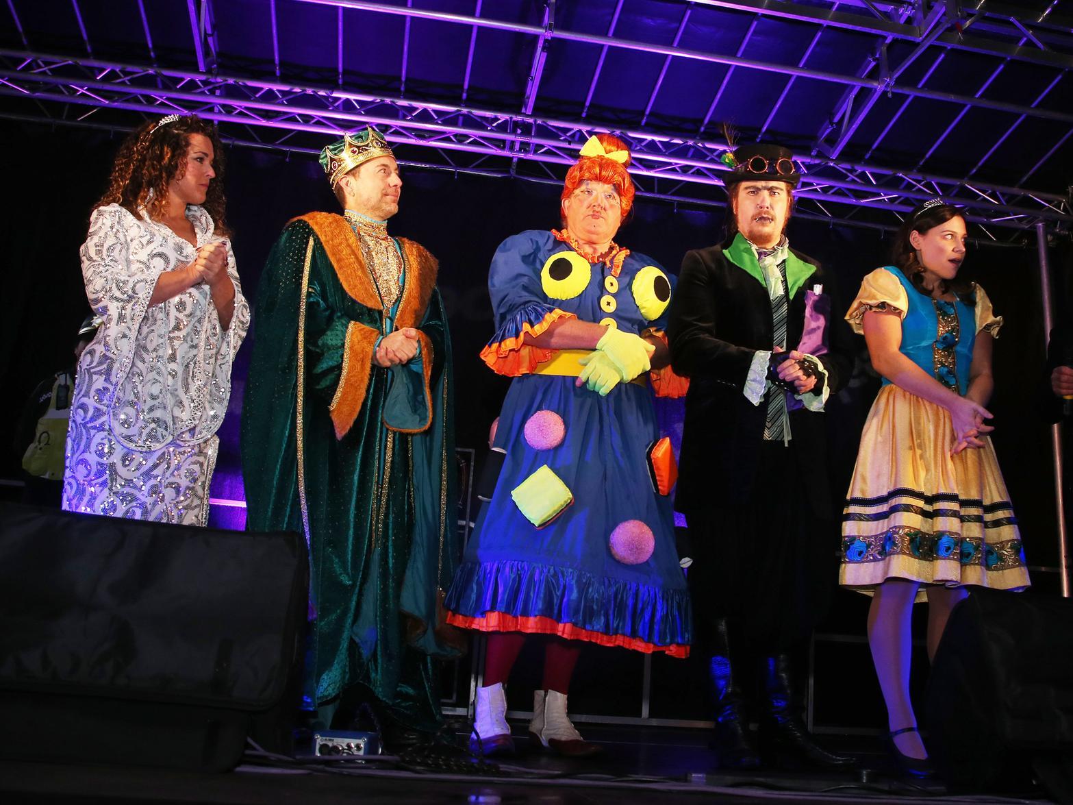 The cast of this year's panto at the Pomegranate, Jack and the Beanstalk, was there to help with the switch-on.
