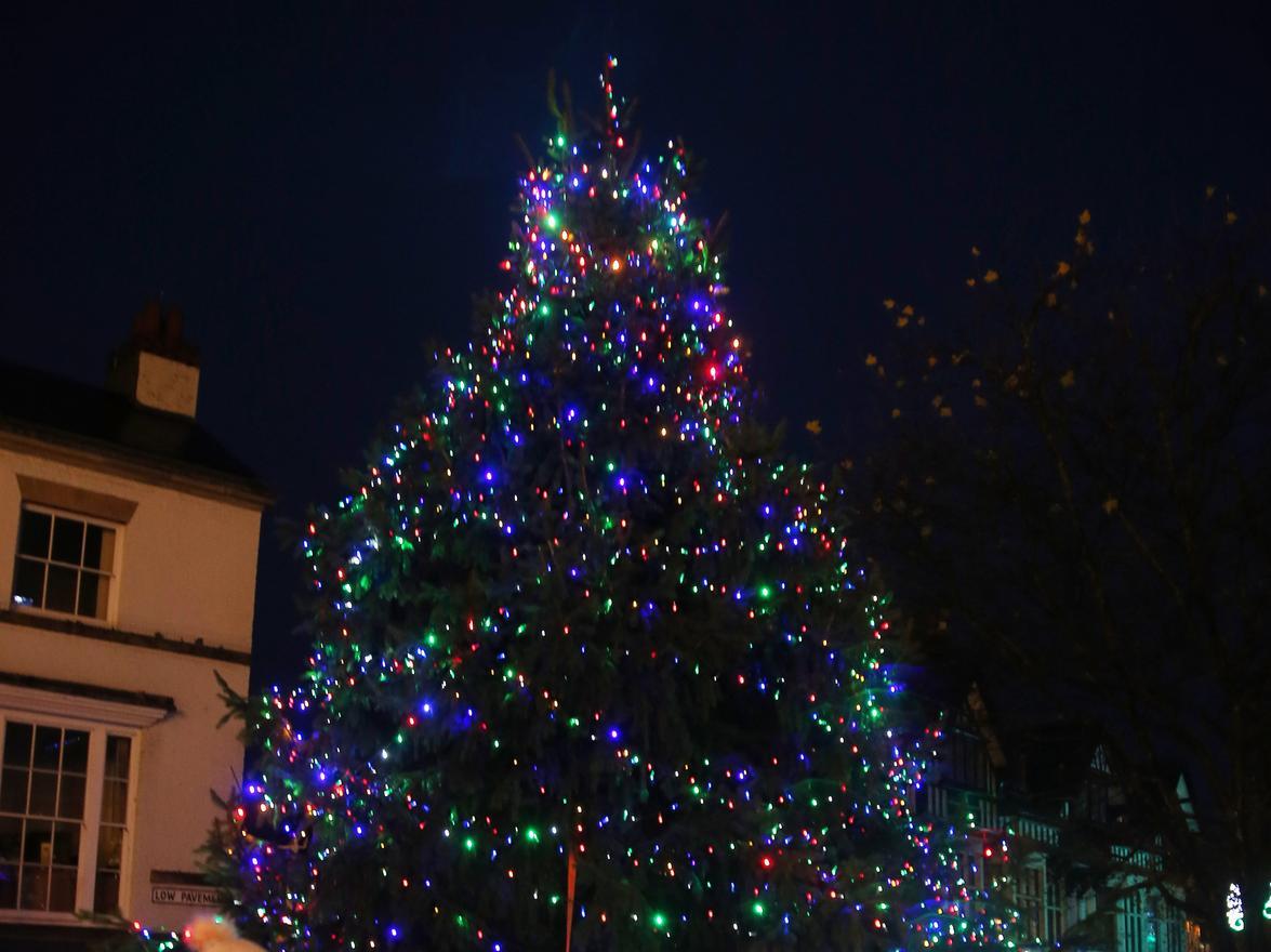 Chesterfield town centre's Christmas tree all lit up.