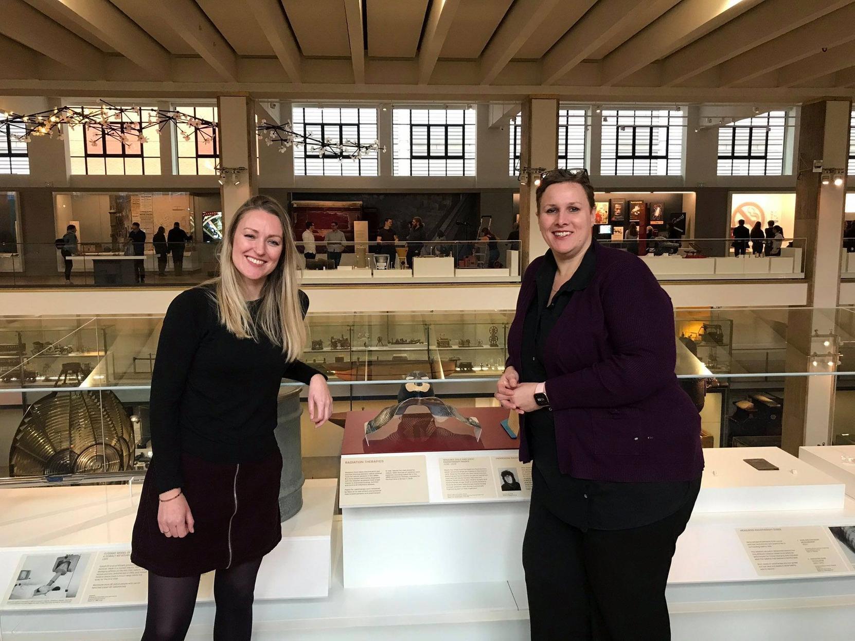 Paediatric radiotherapy specialists Lobke Marsden (left) and Clare Jobe with the masks at the British Science Museum. Picture courtesy of Leeds Children's Hospital