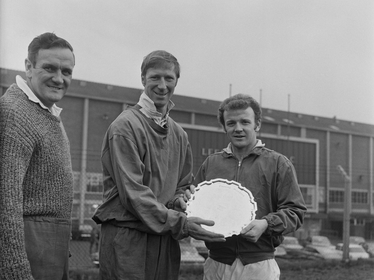 Left to right: Don Revie, Jack Charlton and Billy Bremner with the Charity Shield.