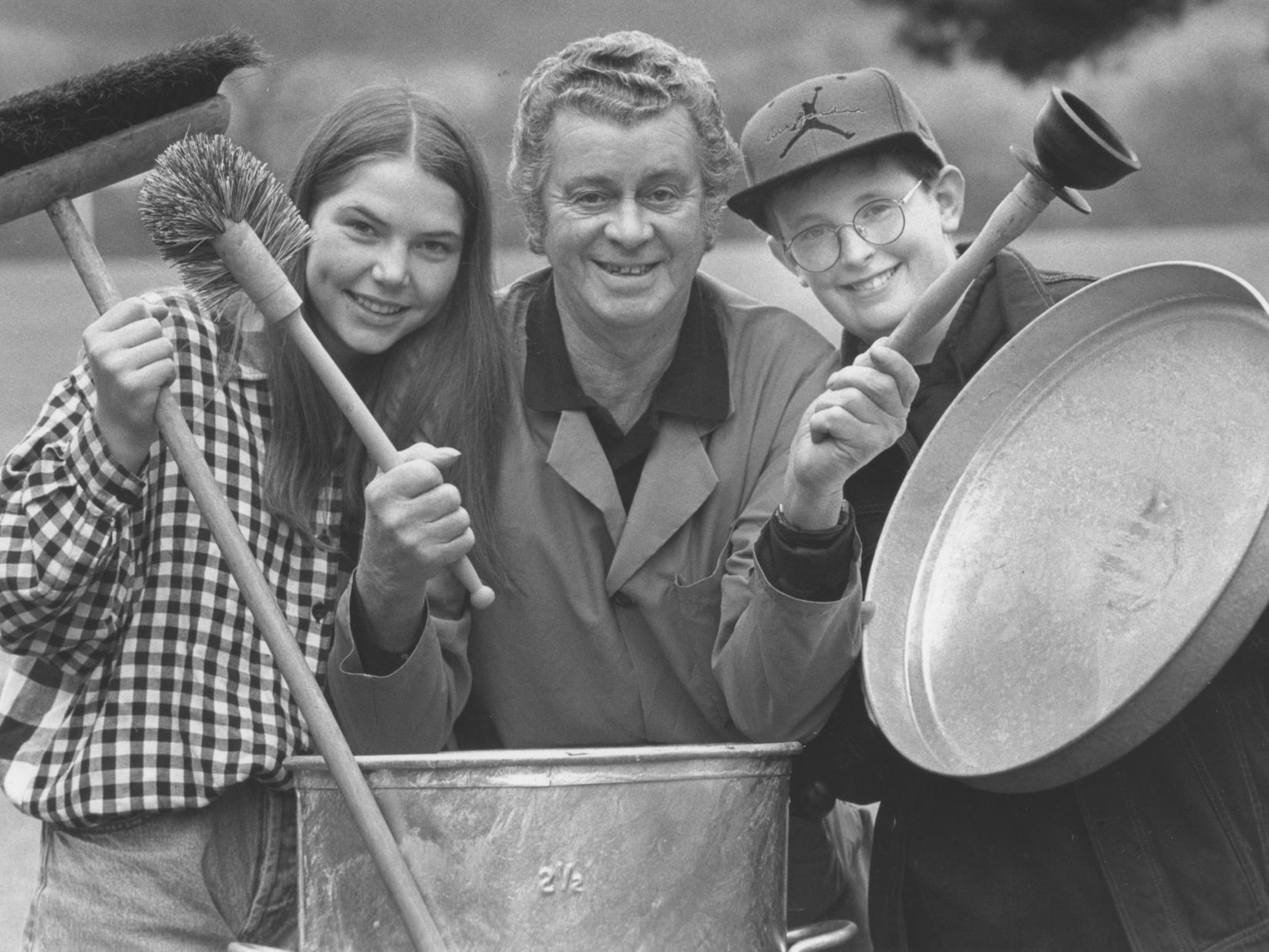 Graham School caretaker Fred Petch, who was to take a leading role in the school's forthcoming drama production in March 1994, is pictured with other cast members Katie Hardy, left, and James Cross.