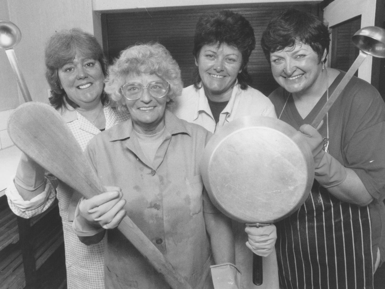 Overdale School kitchen staff smile on after a fire in their kitchen broke out back in December 1996. From left, Maggie Berry, Pat Anderson, Marilyn Close, Elaine Edmonds.