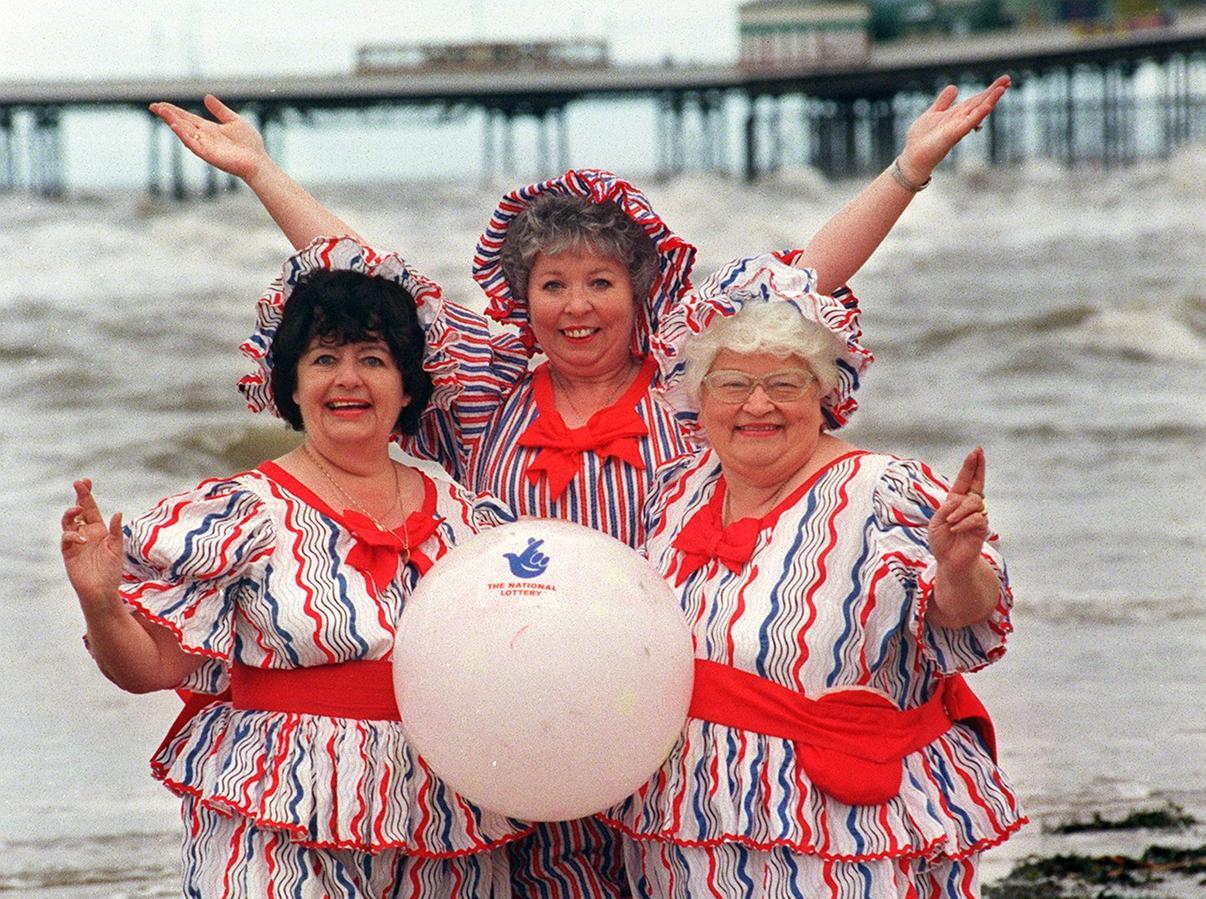 The Roly Polys launching the National Lottery Superdraw on Blackpool Beach in 1998