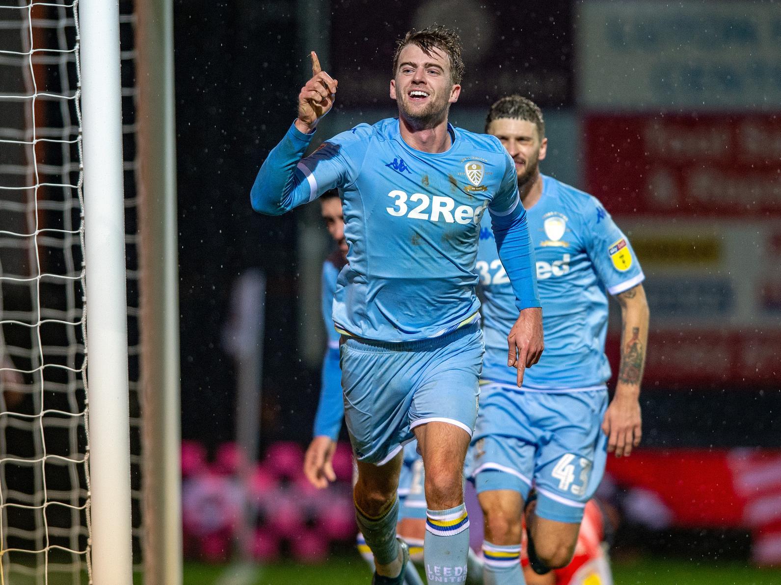 Leeds United striker Patrick Bamford celebrates at Luton Town.