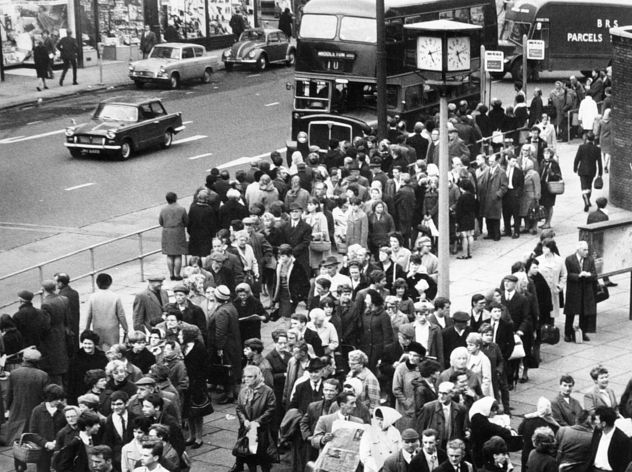 There were long queues for buses - the number of which has been reduced by a ban on overtime - at the junction of The Calls and Vicar Lane.