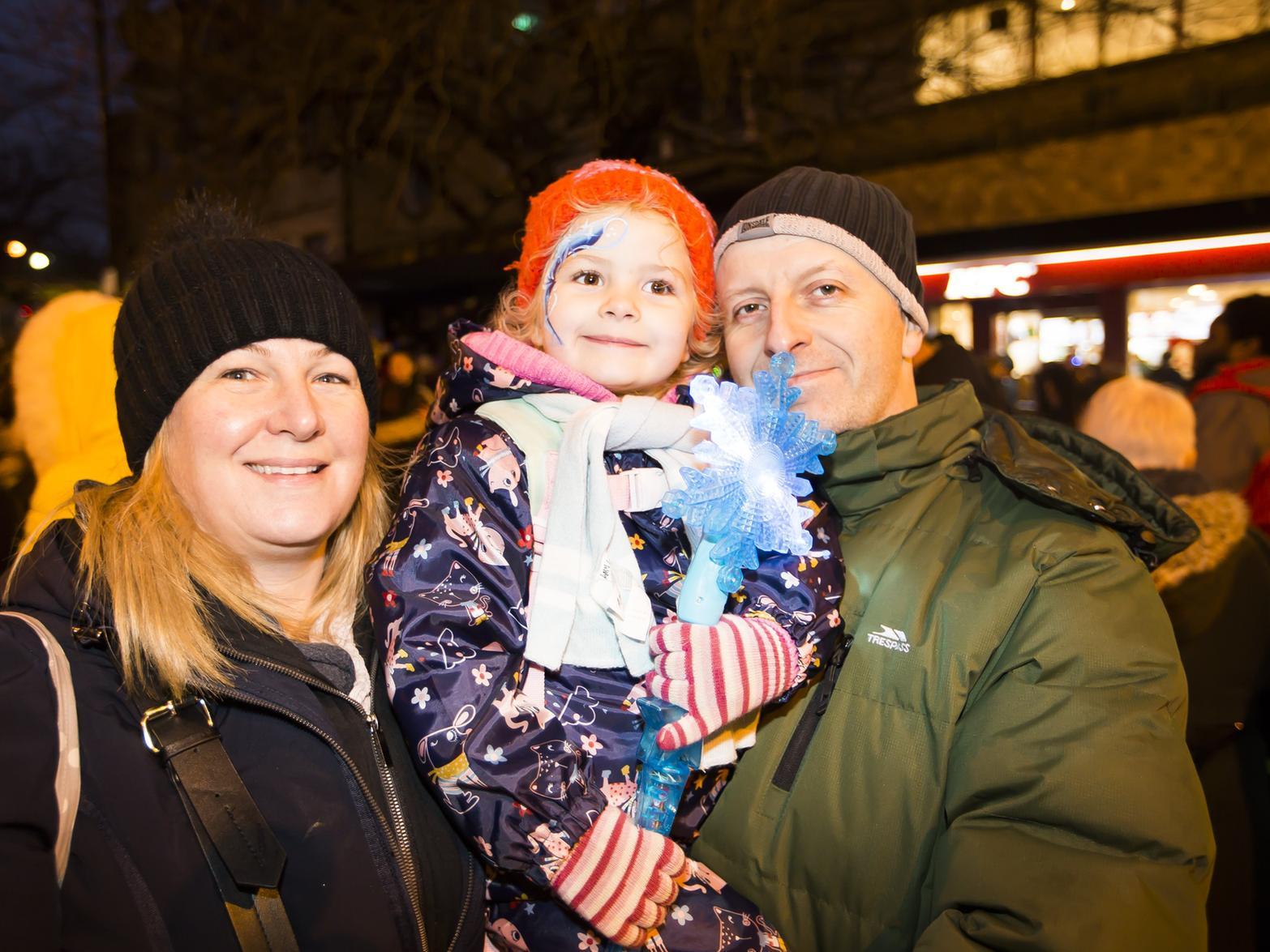 Halifax Christmas lights switch-on. From the left, Joanne Lawless, Amy Lawless, four, and Jim Lawless.