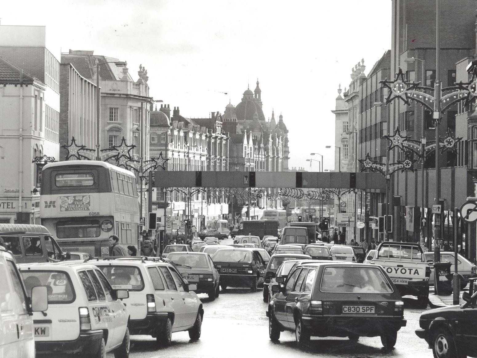 Vicar Lane is choked by traffic congestion in the mid-1990s.