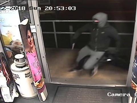 CCTV from terrifying raid at Tesco Express in Cookridge, April 2018.