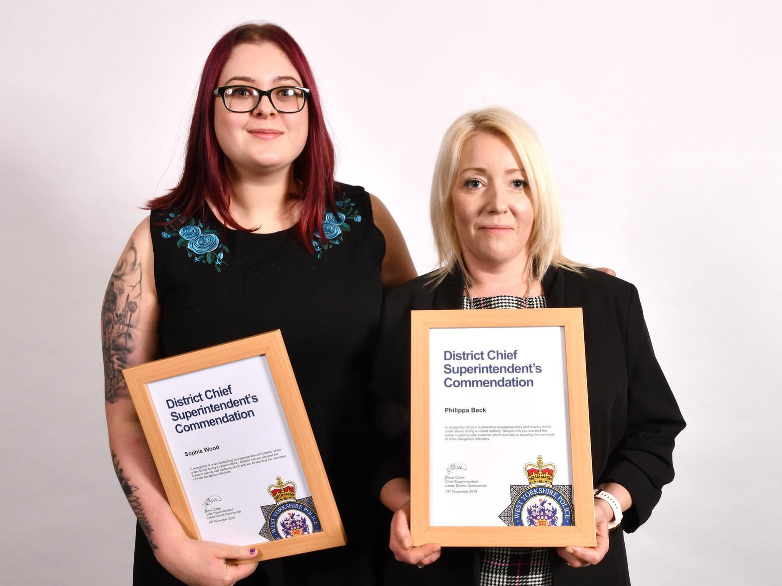 Sophie Wood and Phillipa Beck, Tesco workers who received bravery awards following a terrifying armed robbery at Tesco Express in Cookridge in April 2018.