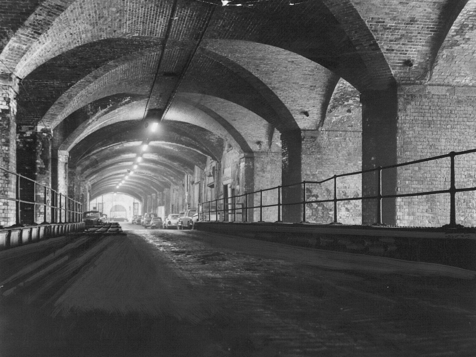 A Dark Arches road running beneath City Station towards Neville Street at the end of the 1960s.
