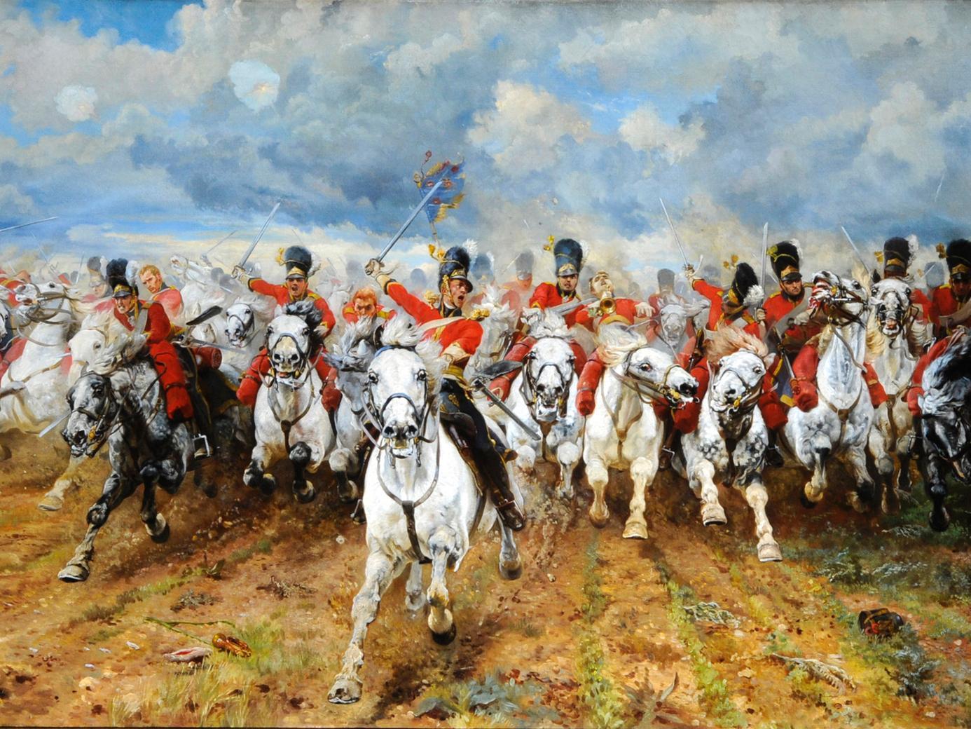 Purchased by Colonel T. W. Harding who stood for election to the council in order to facilitate the original opening of Leeds Art Gallery back in 1888. It depicts the gallant charge of The Scots Greys at the Battle of Waterloo.