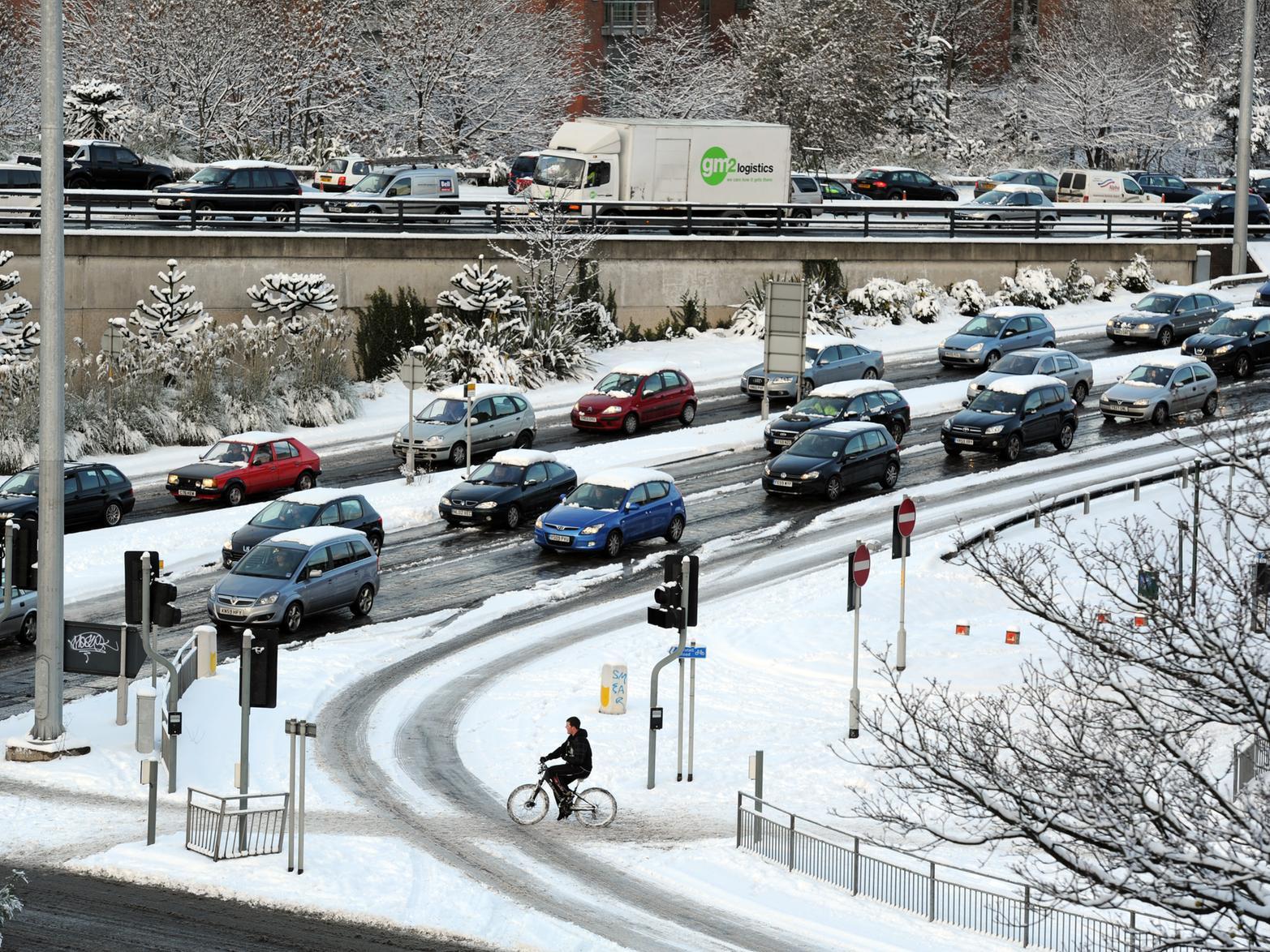 The snow brought gridlock to traffic on the Leeds Inner Ring Road.
