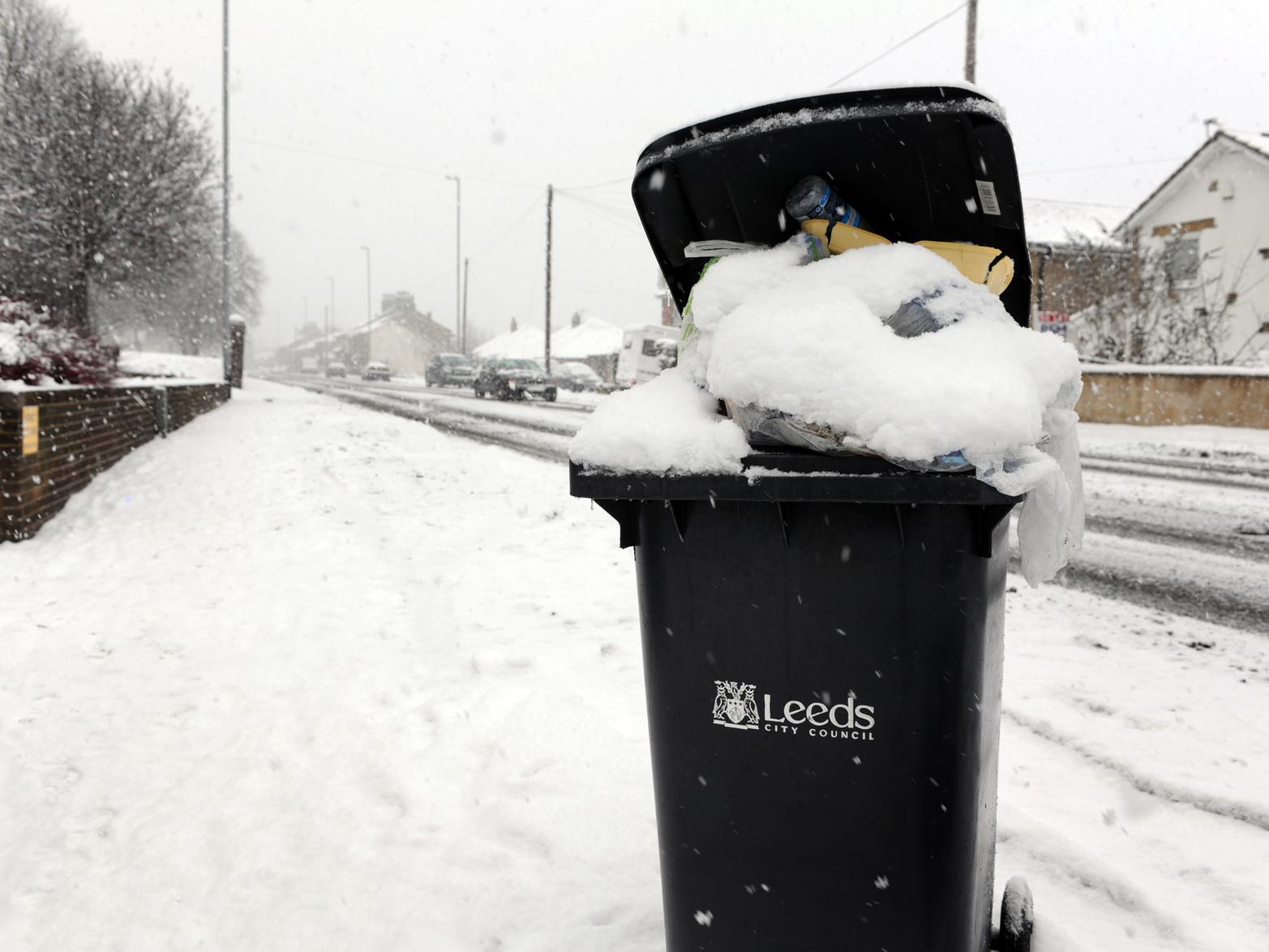 The snow was so thick in Leeds that bins were left uncollected, like this one in Pudsey.