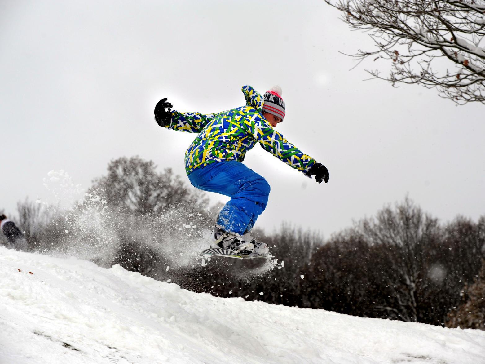 The heavy snow provided an opportunity for thrill seekers. This is Chris Cullen practising his snowboarding.