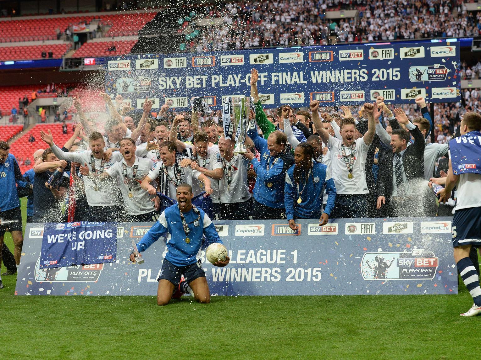 Preston North End celebrate ending the play-off curse, winning the League One play-off final at Wembley in 2015.