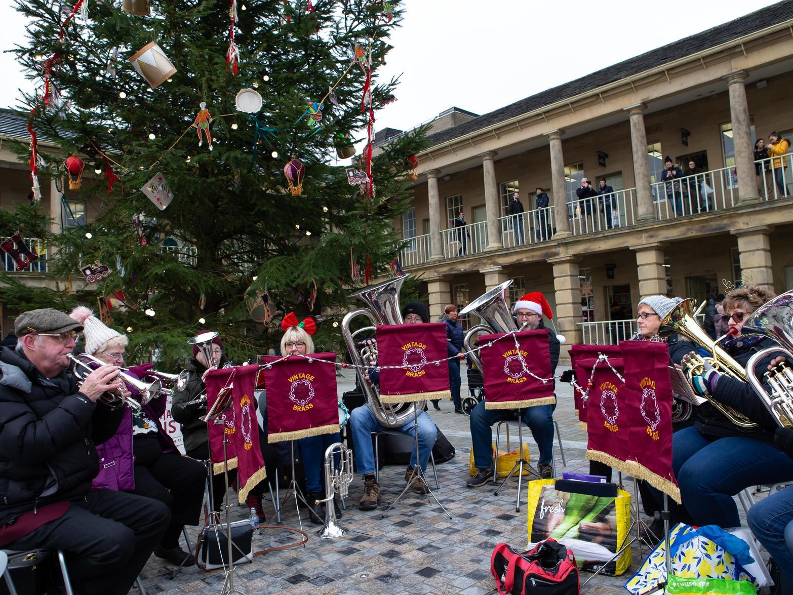 Vintage Brass playing at the Christmas, The Piece Hall, Halifax