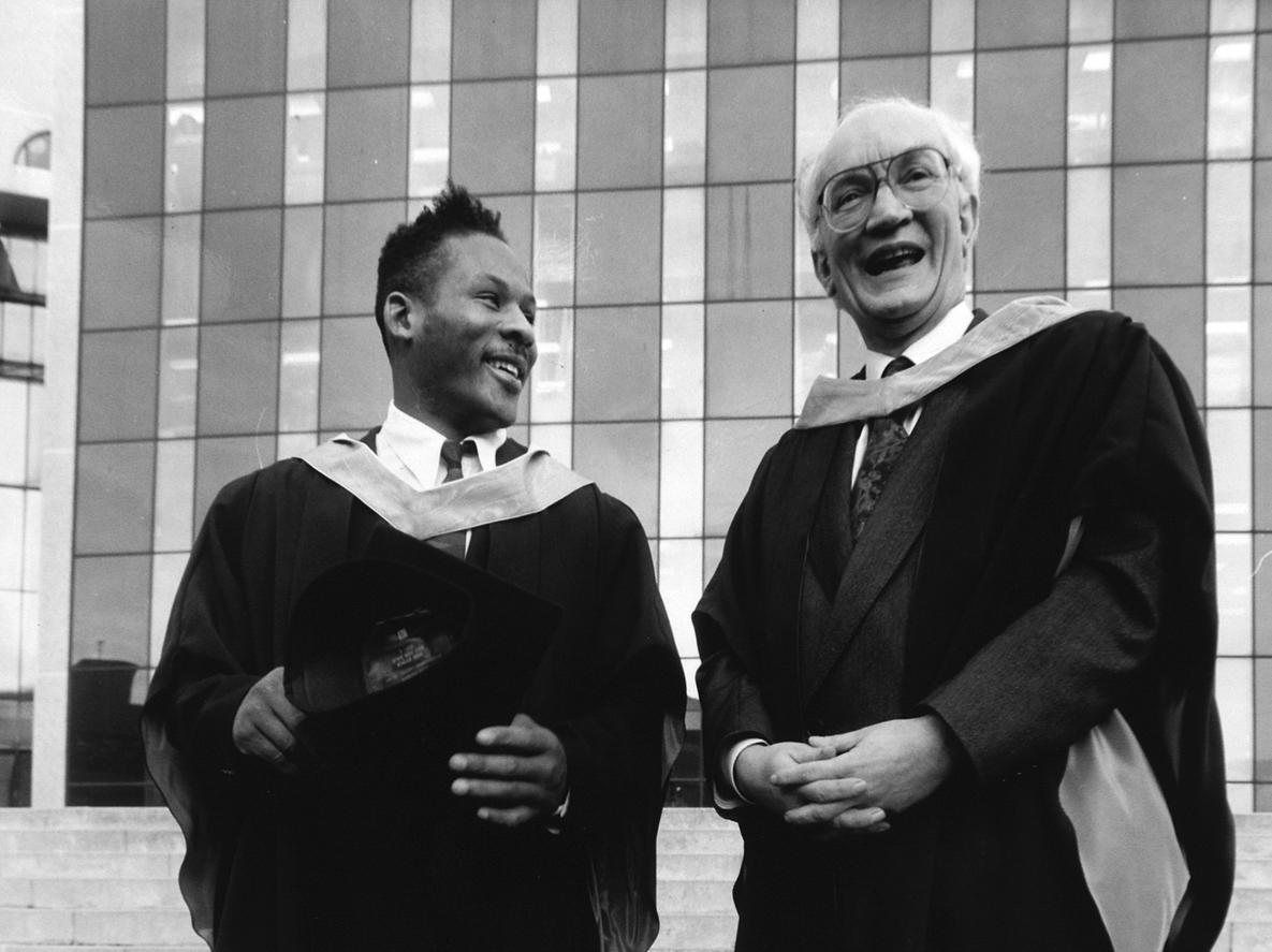 Rugby League international Ellery Hanley donned a cap and gown to receive an honorary fellowship from Leeds Polytechnic.