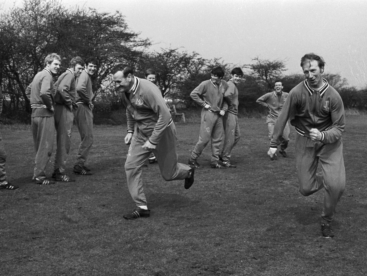 April 1970 and Don Revie puts Jack Charlton and the rest of the team through their paces prior to the FA Cup final against Chelsea. PIC: Getty
