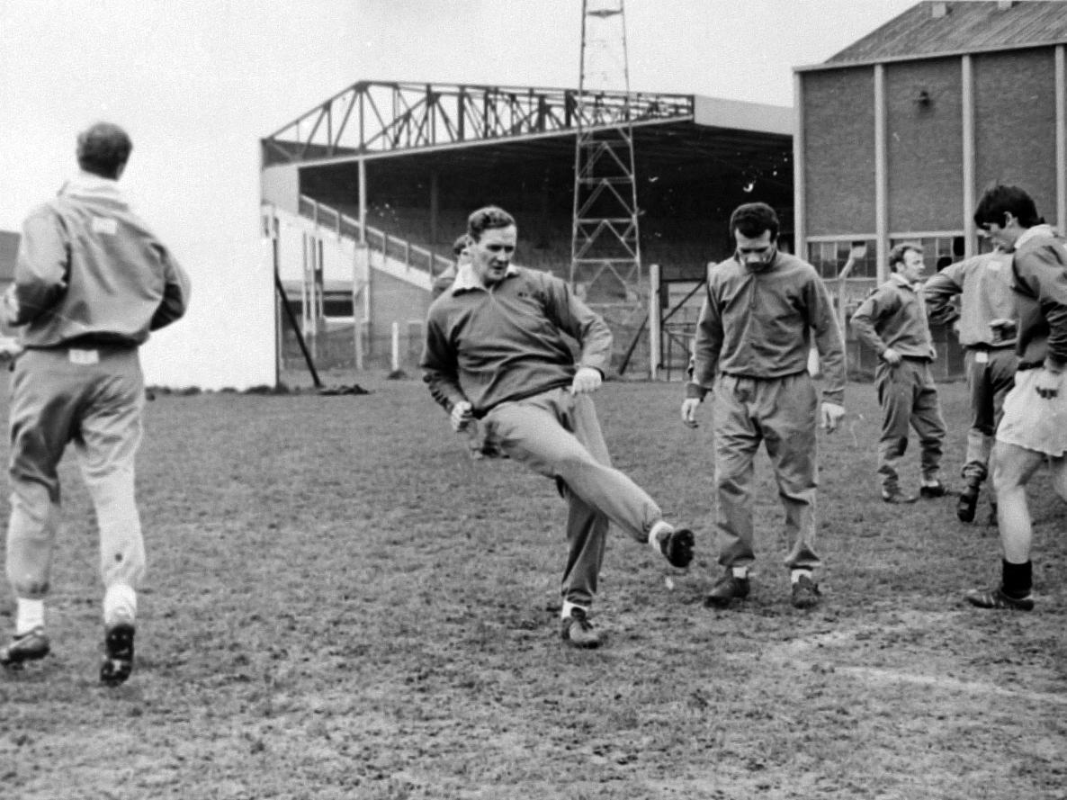 Don Revie puts his Leeds team through their paces in training.