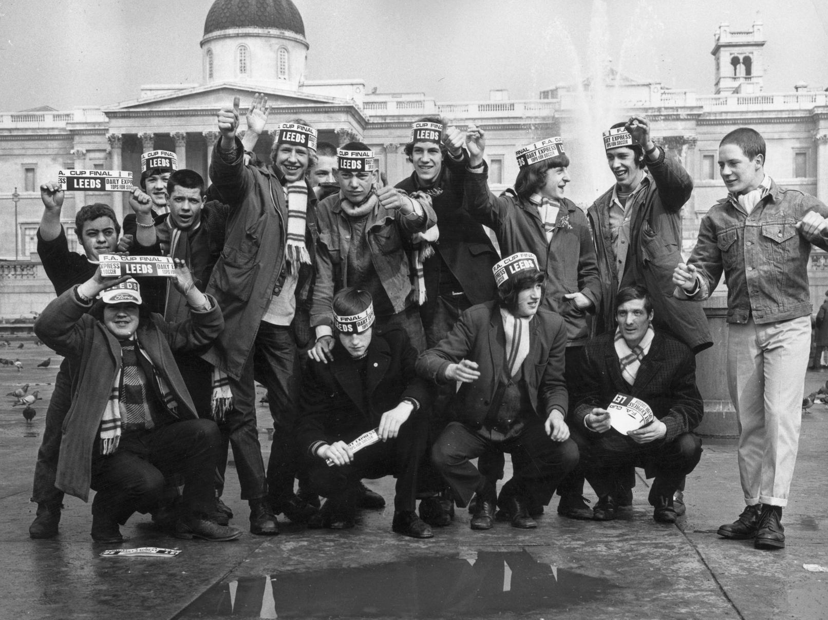 A group of Leeds United football fans in Trafalgar Square ahead of the FA Cup final.