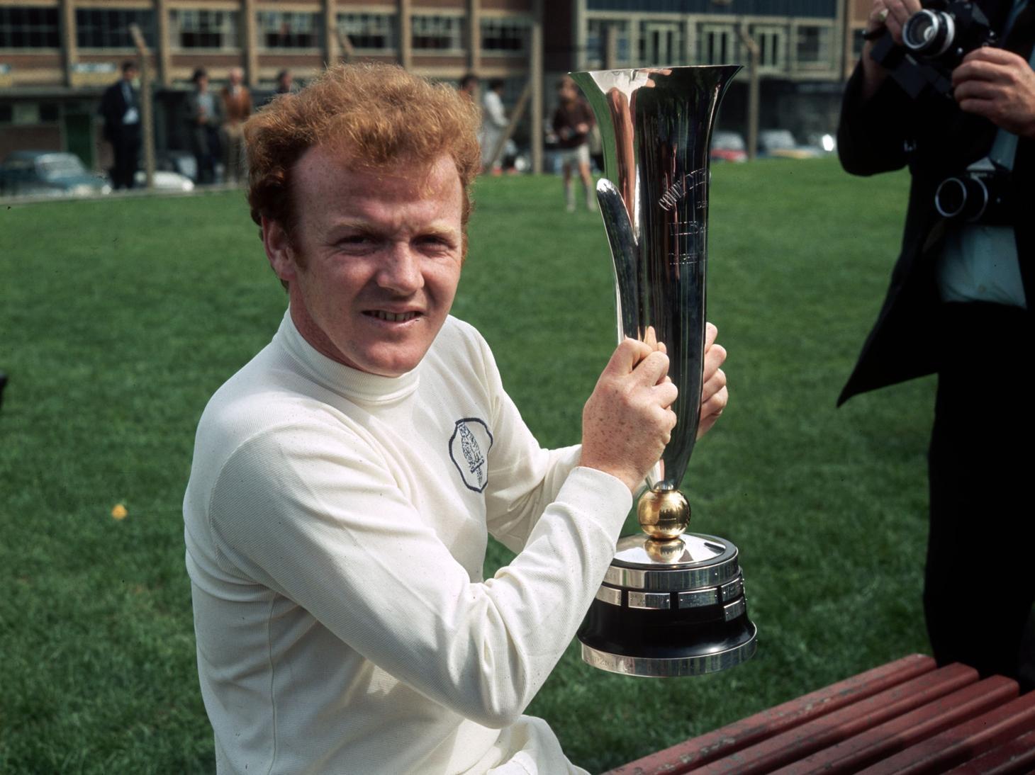 Billy Bremner holds up the Fairs' Cup (UEFA Cup) which his team won after beating Juventus over two legs.
