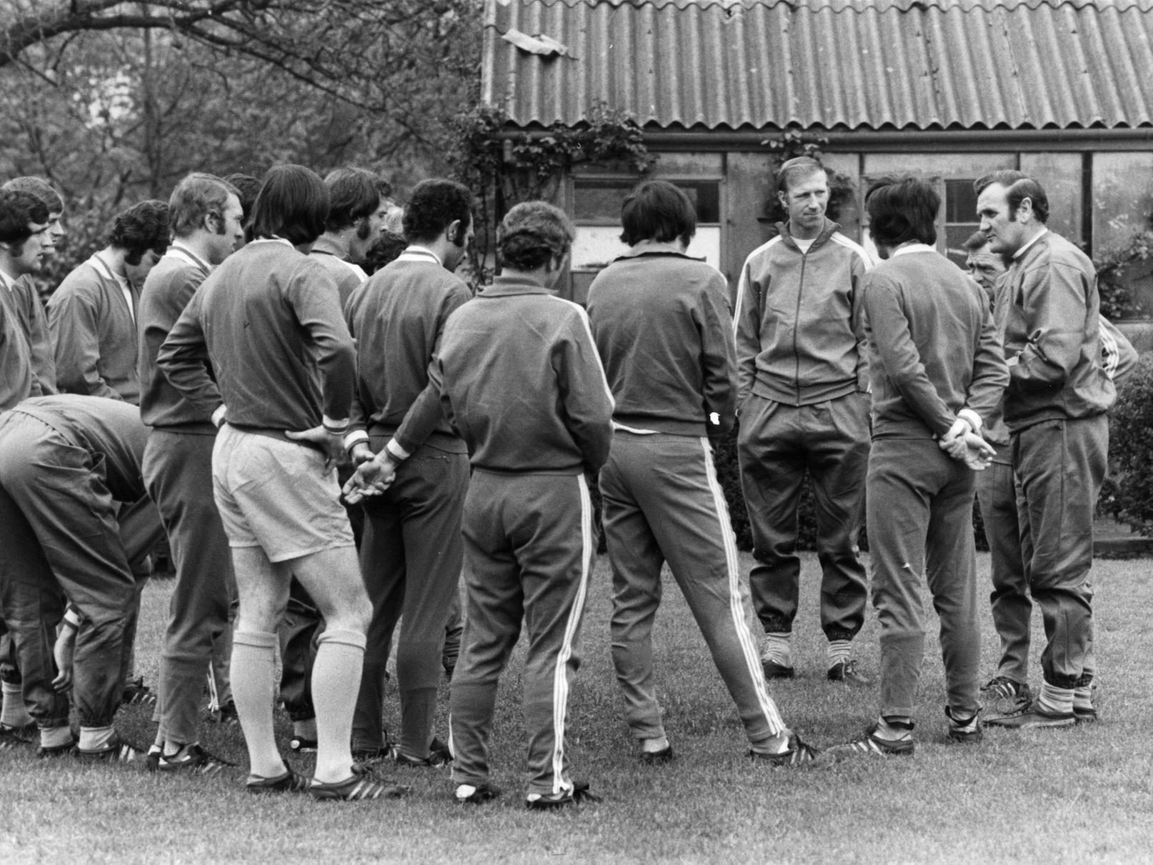 Don Revie talks to his squad during a training sesson at Sunny Hill Park.