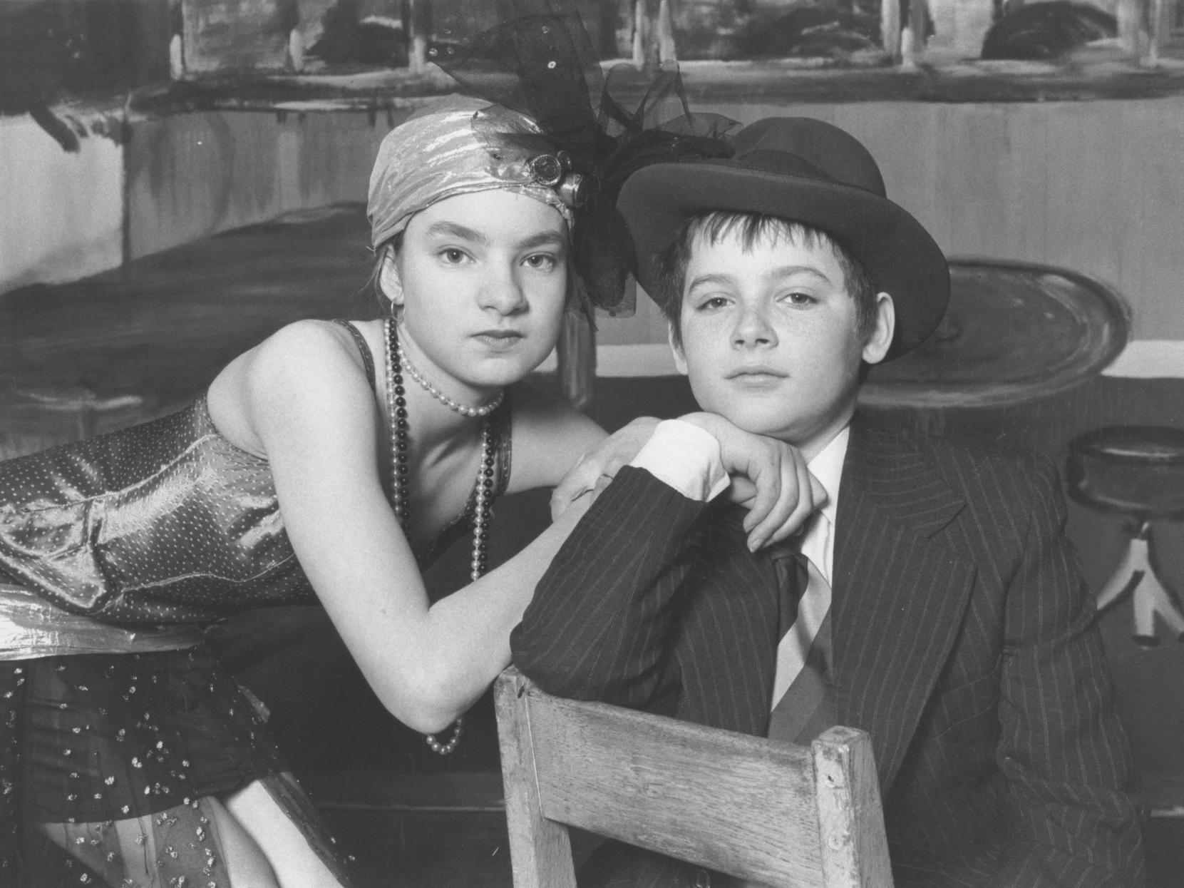 Pictured are the prinicipal characters from the Filey School production of Bugsy Malone, Lee Dawson as Bugsy and Rebecca Cooper as Blousey. Photo taken in March 1994.