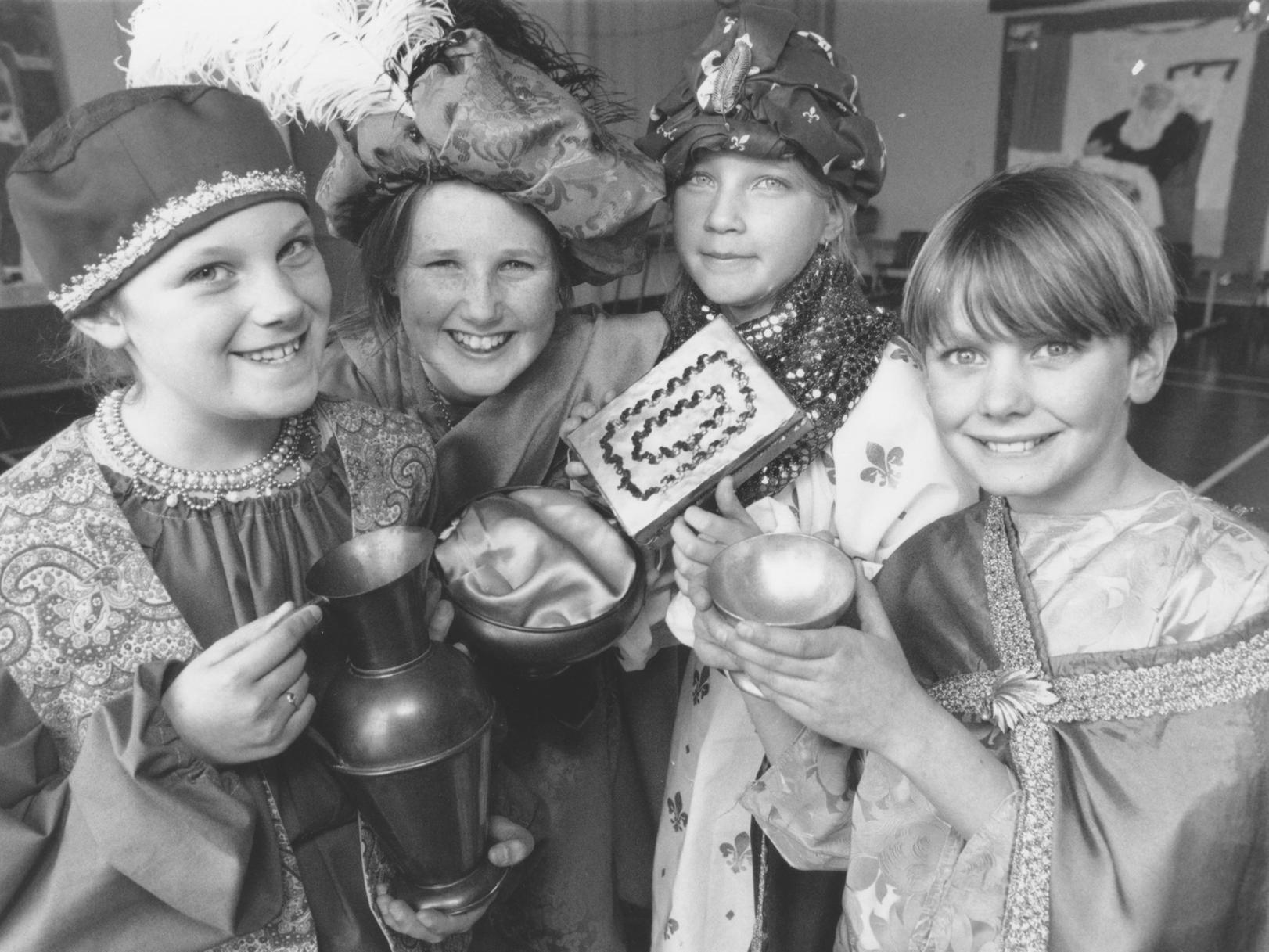 The Filey Junior School Christmas play of the Christmas Dove and the Woodcutter was underway in December 1997. Pictured are the Four Kings, left to right, Rebecca Hunter, Claire Ryan, Claire Appleyard, and Alex Smith.