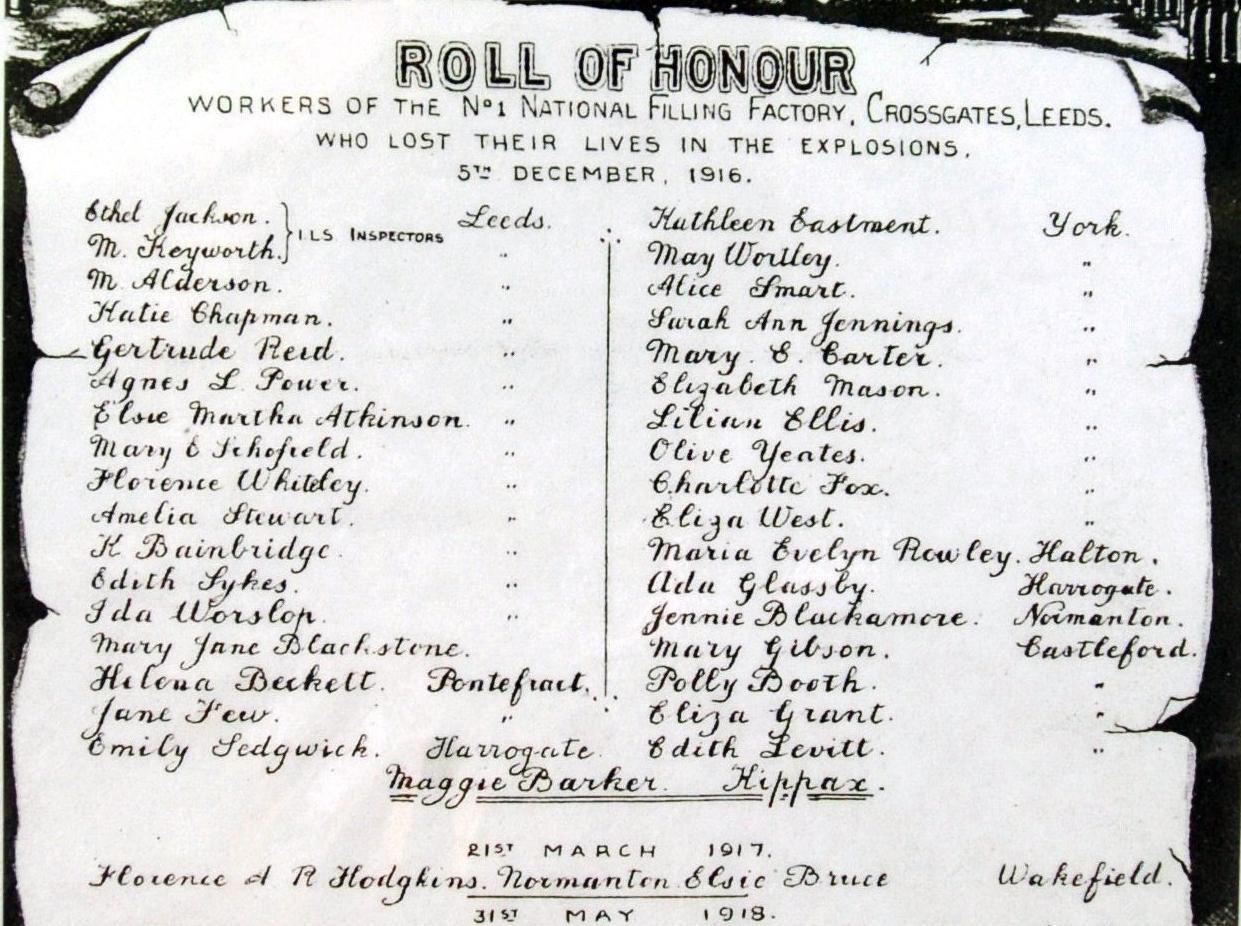 The roll of honour for the 'Barnbow Lasses' who lost their lives at the munitions factory.