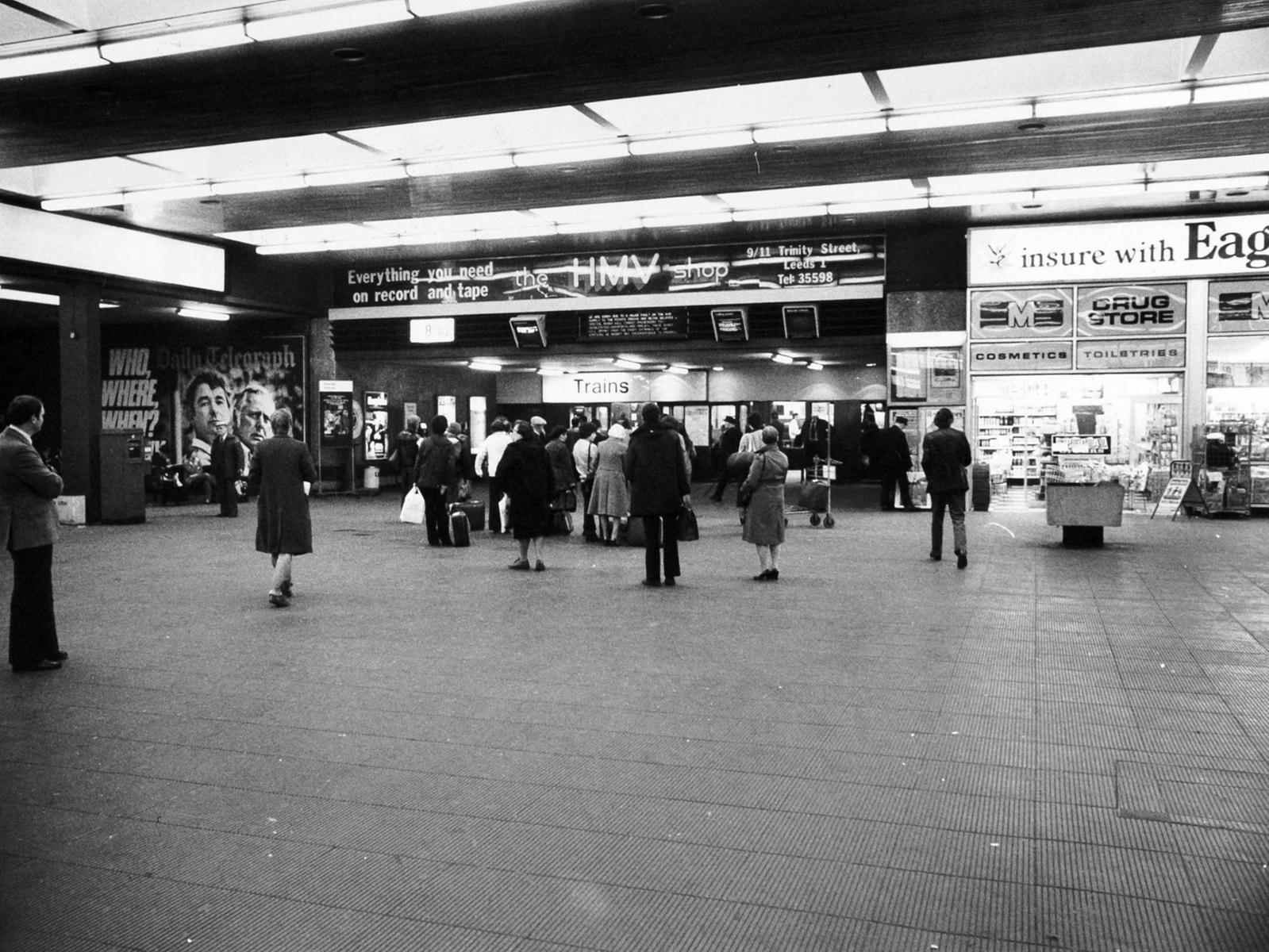 Some of the shops at Leeds City Station. Note the Daily Telegraph plackard showing Brian Clough and Peter Taylor.
