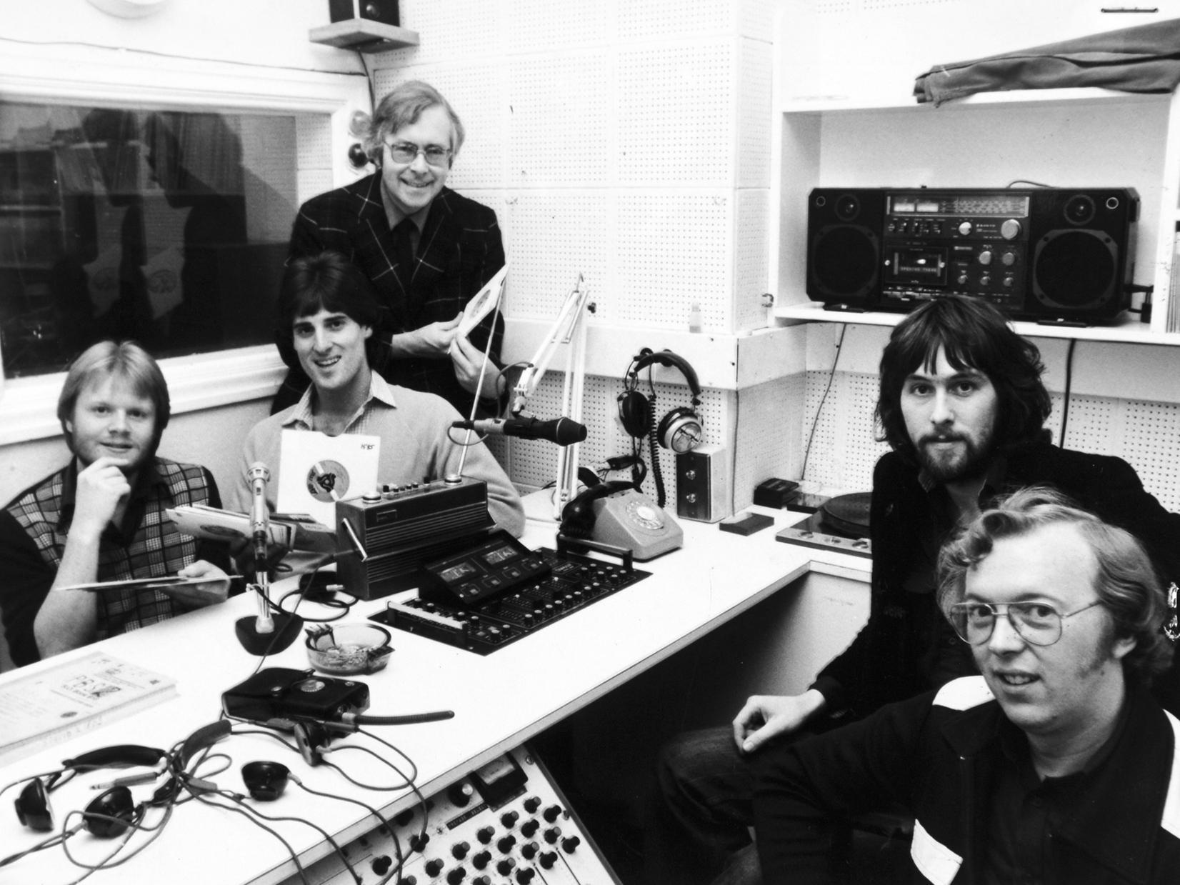 Radio PBS Leeds Infirmary's Hospital Broadcasting Service was back on the air after an eight month silence. Programme presenters, left to right, are Paul Cargill, Steve Hirst, Trevor Griffiths, Martin Croft and Alan Dee.