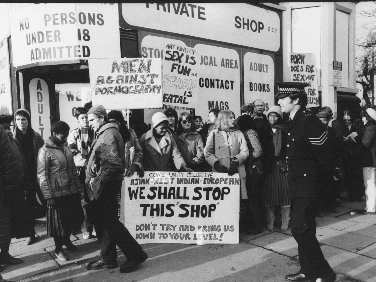 Angry pickets demonstrating against a new 'sex shop' in Chapeltown.