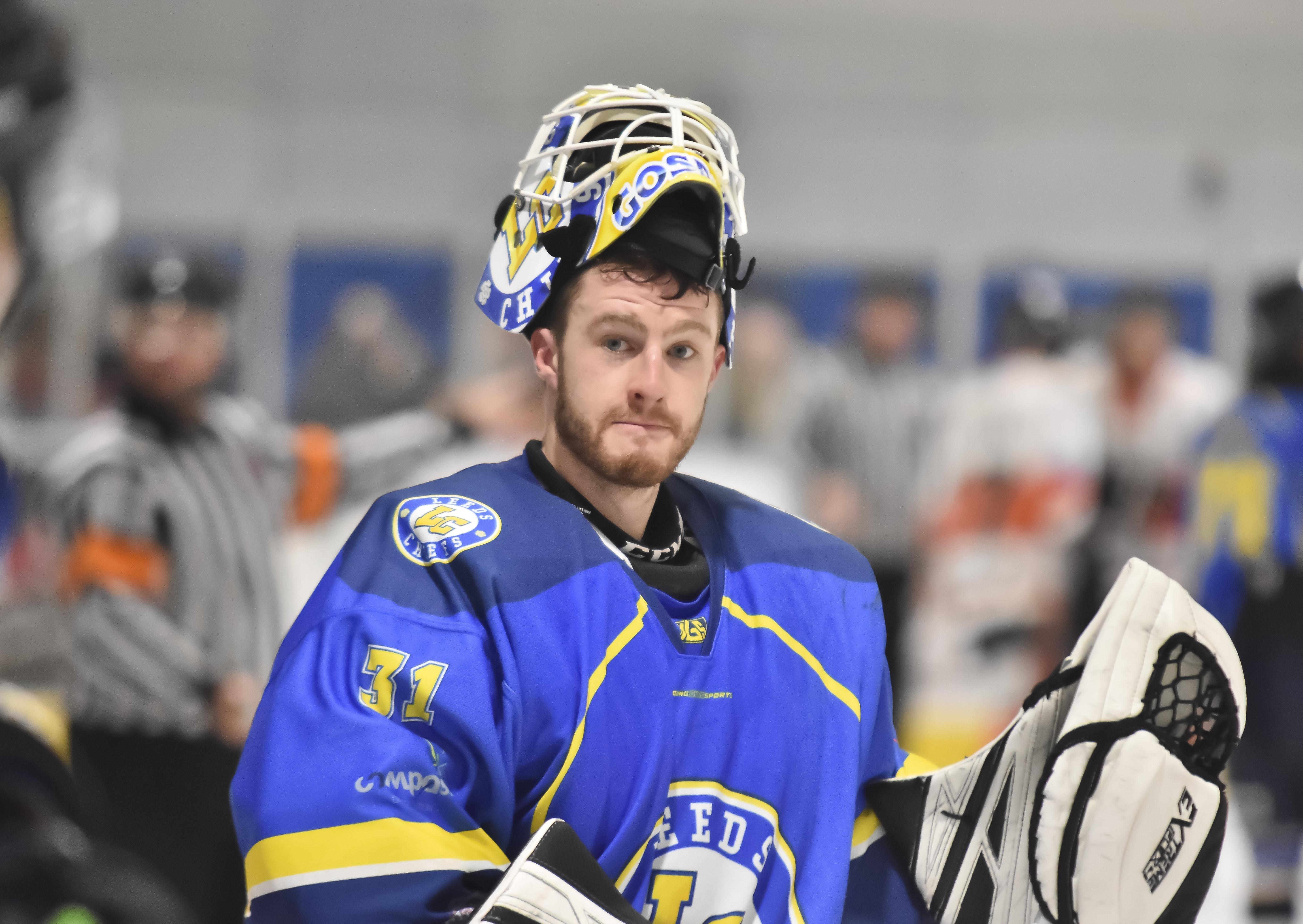 TOUGH NIGHT: Sam Gospel faced 51 shots in the 9-2 defeat against Peterborough Phantoms. Picture courtesy of Steve Brodie.