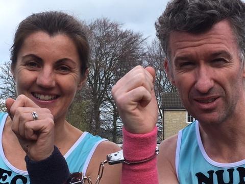The fastest marathon with two runners handcuffed together - mixed pair is 3 hr 43 min 17 sec and was achieved by Rebecca Csar de S (UK) and Nuno Csar de S (Portugal) at the Virgin Money London Marathon, in London, UK, on 28 April 2019. (The couple are from Ilkley, West Yorkshire)