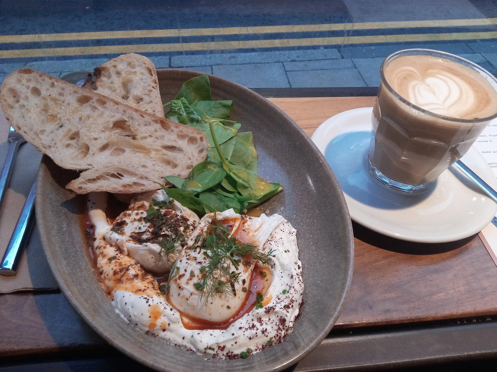Turkish eggs and a latte at Laynes Espresso.