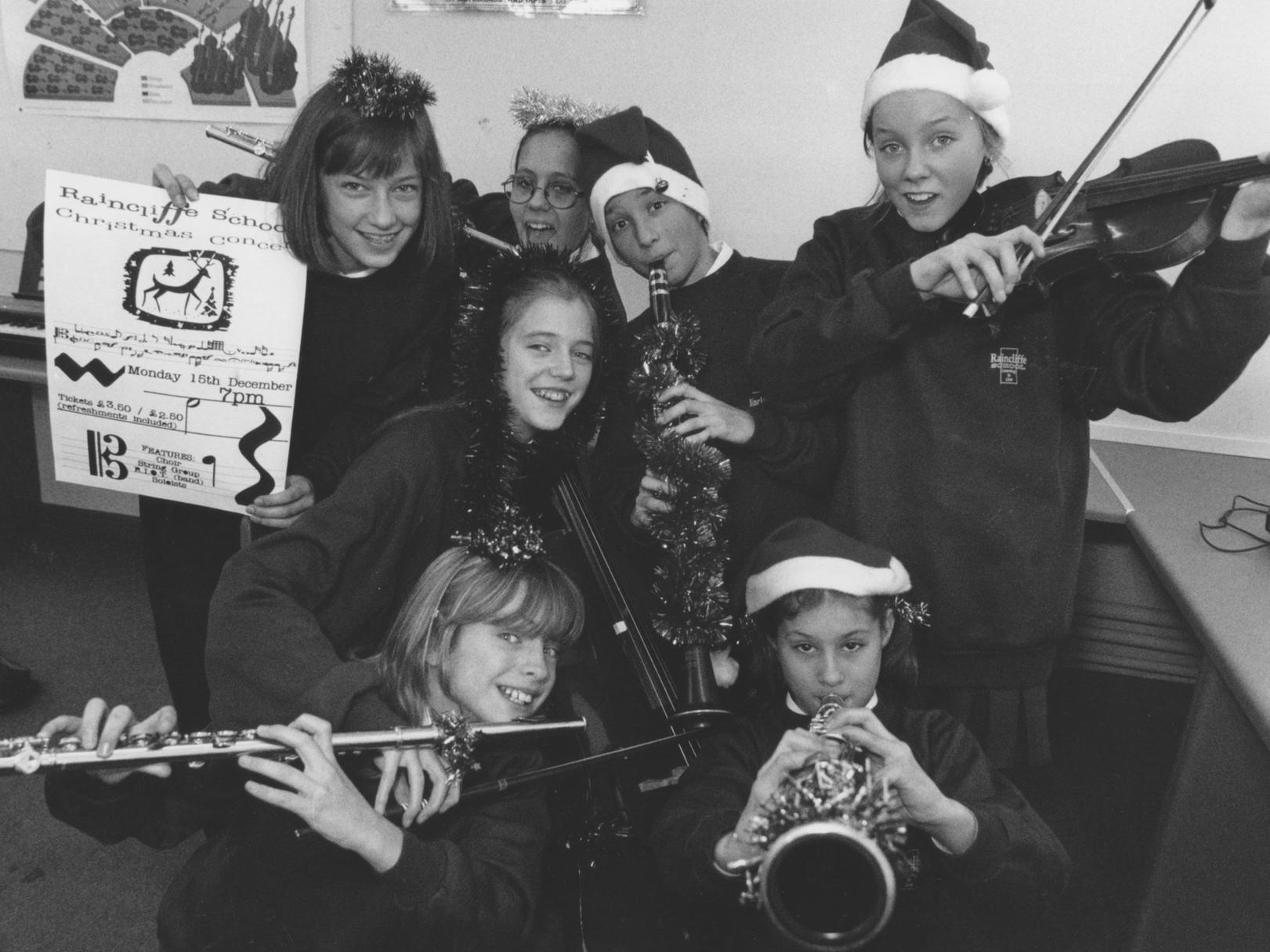 These young musicians get ready for Raincliffe School's Christmas concert in December 1997. Pictured from left, standing, Melissa Syers, Gemma Hay, Joel Mainprize, Amy Bull; front Jade Bull, Holly Missin and Elizabeth Alexander.