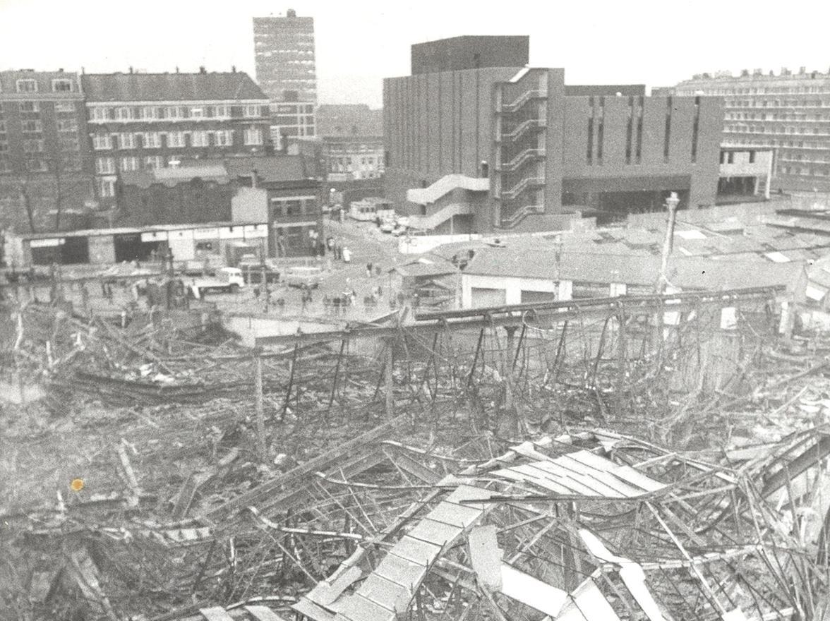 A high level view after the blaze. A twisted mass of wreckage was all that remained.