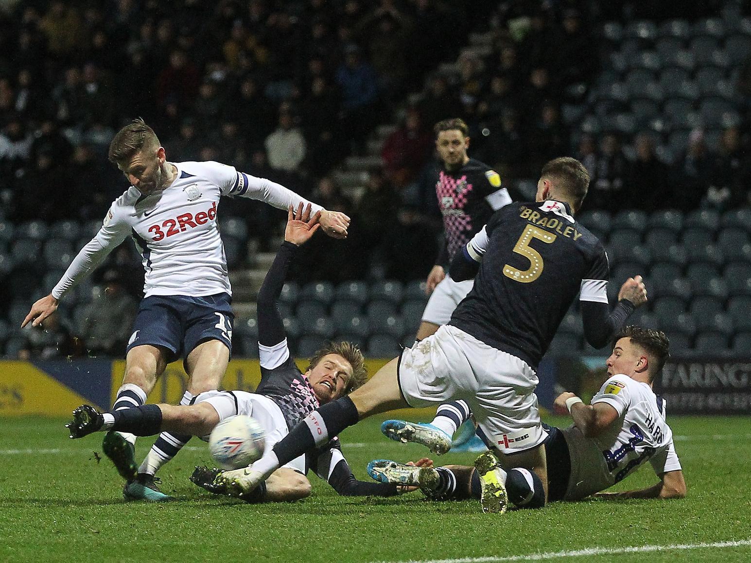 Paul Gallagher sees a shot blocked in an almighty scramble which leads to Preston's winner against Luton at Deepdale