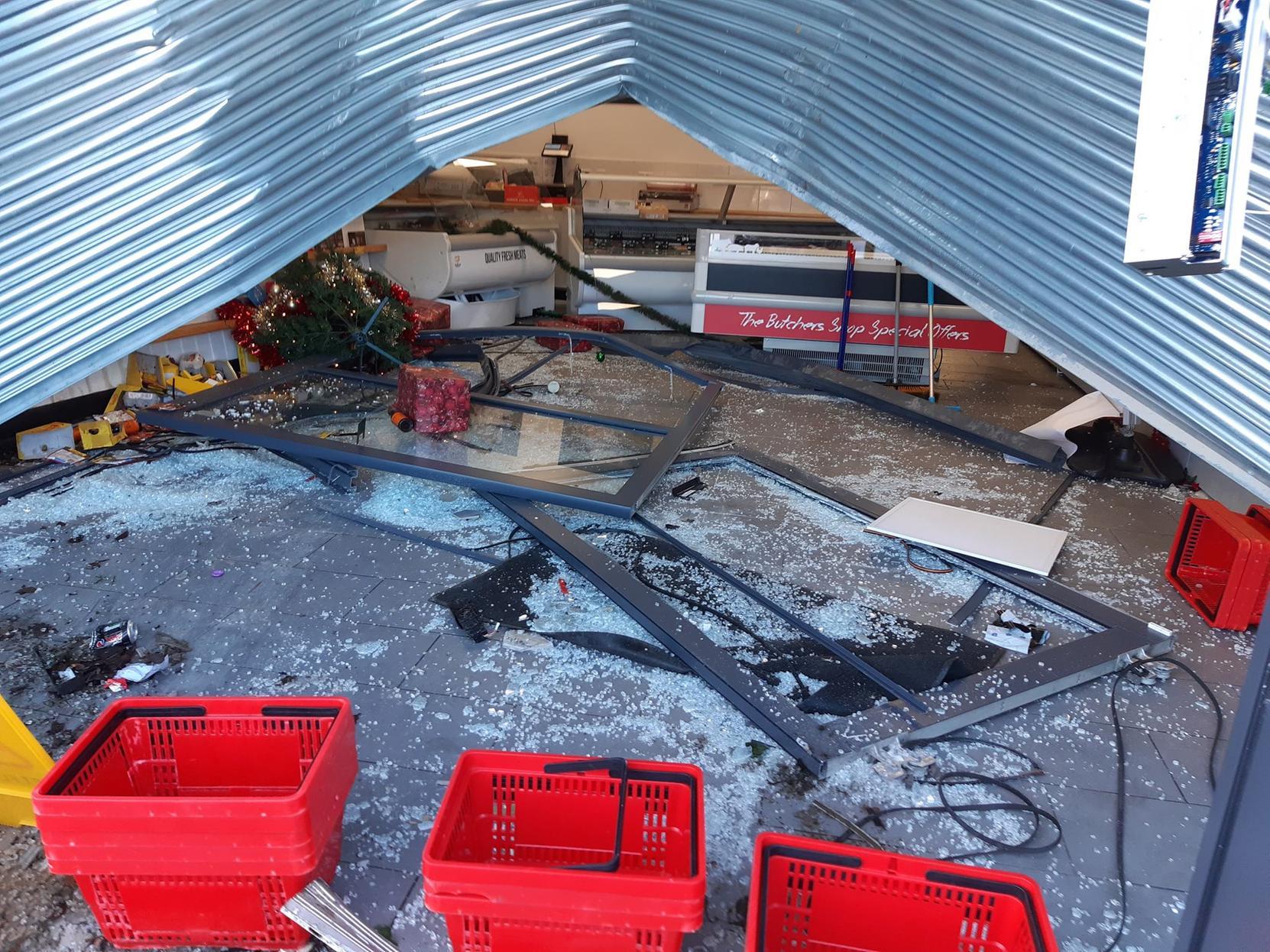Damage caused to The Butchers Shop at Belgrave Retail Park in Stanningley after an apparent ram raid. Picture: Rebecca Buckley