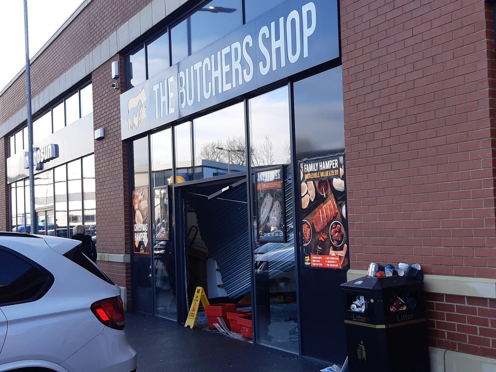 Damage caused to The Butchers Shop at Belgrave Retail Park in Stanningley after an apparent ram raid. Picture: Rebecca Buckley